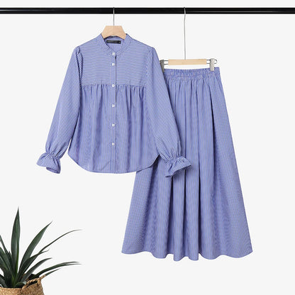 Elegant Women Muslim 2 Pieces Sets ZANZEA Summer Stand Neck Long Sleeve Bouse Skirt Suit Striped Outfits IsIamic Hijab Tracksuit