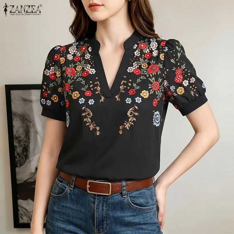 ZANZEA 2026 Summer Floral Print Blouses Woman Casual V-Neck Short Puff Sleeve Pullover Blusas Mujer Vacation Everyday Wear Tops