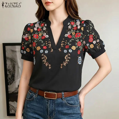 ZANZEA 2026 Summer Floral Print Blouses Woman Casual V-Neck Short Puff Sleeve Pullover Blusas Mujer Vacation Everyday Wear Tops