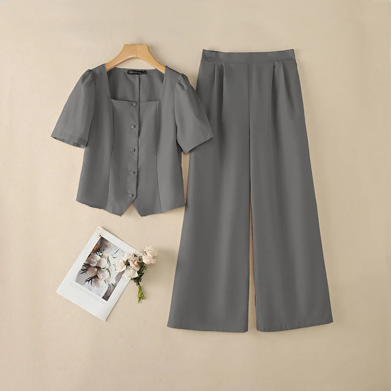ZANZEA Summer 2 Pieces Sets 2PCS Women OL Work Outfits Square Neck Short Sleeve Blouse Wide Leg Pant Sets Solid Color Tracksuit