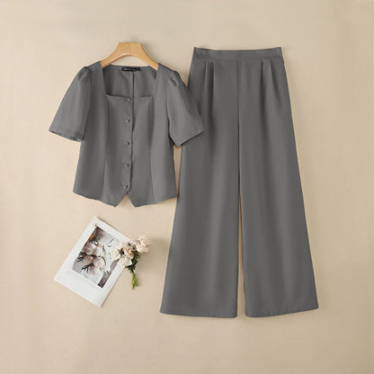 ZANZEA Summer 2 Pieces Sets 2PCS Women OL Work Outfits Square Neck Short Sleeve Blouse Wide Leg Pant Sets Solid Color Tracksuit