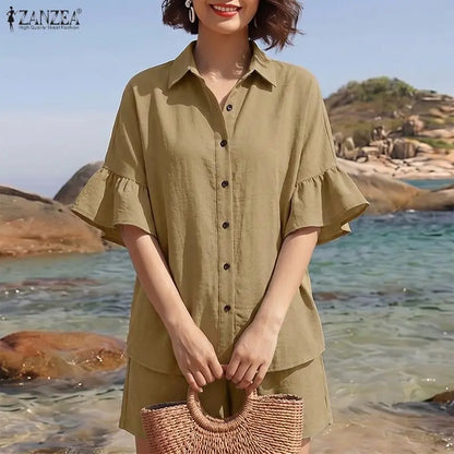 ZANZEA Fashion Women Lapel Neck Half Sleeve Shirt Shorts Sets Summer 2 Pieces Sets Casual Holiday Tracksuit Solid Work Outfits