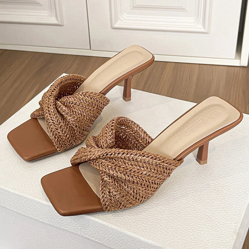 BIGTREE Shoes Women Mule Heels 6.5 Stiletto Weave Women Pumps High-Heeled Slippers Women Sandas Summer Shoes Sexy Kitten Heels