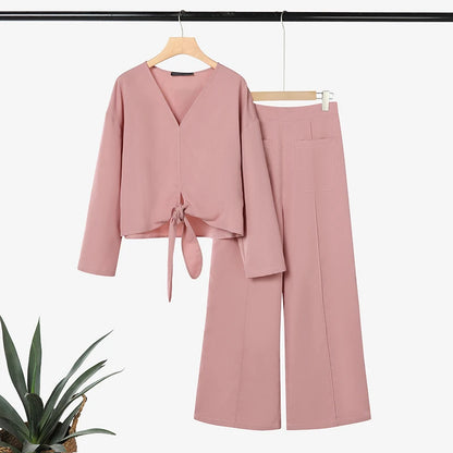 ZANZEA Women's Stylish 2-Piece Sets Long Sleeve V-Neck Tied-Hem Blouse & Wide Leg Pant Matching Sets Minimalist Casual Co-ords