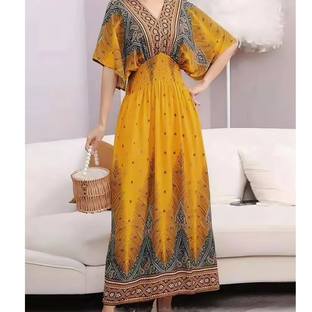 Women Bohemian Ethnic Printed Holiday Dress V-Neck Elastic Waist Casual Batswing Sleeve Mid Dress Elegant Vintage Retro Dress