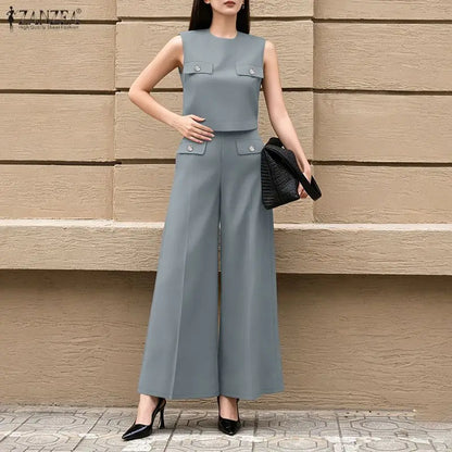 ZANZEA Women's Summer Elegant Pant Suits Sleeveless Cropped Tops & Wide Leg Pants 2 Pieces Sets Office Commute Pant Sets Outfits