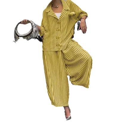 New Women Casual Tracksuits Set Long Sleeve Fashion Striped Blouse and Wide Leg Pants Suit Large Big 5xl Female Two Piece Sets
