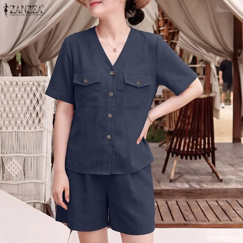 ZANZEA Summer 2 Pieces Sets Holiday Outfit Fashion Women Short Sets V Neck Short Sleeve Blouse Short Suit Solid Casual Tracksuit