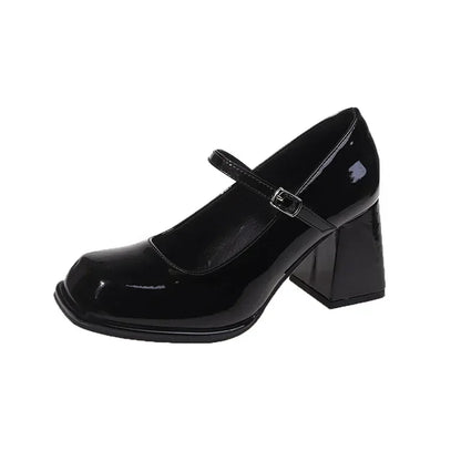 Ladies Summer Black New Small Leather Shoes Mary Janes Vintage Buckle Non-Slip Sandals Woman Medium Heels Casual Elegant Heels
