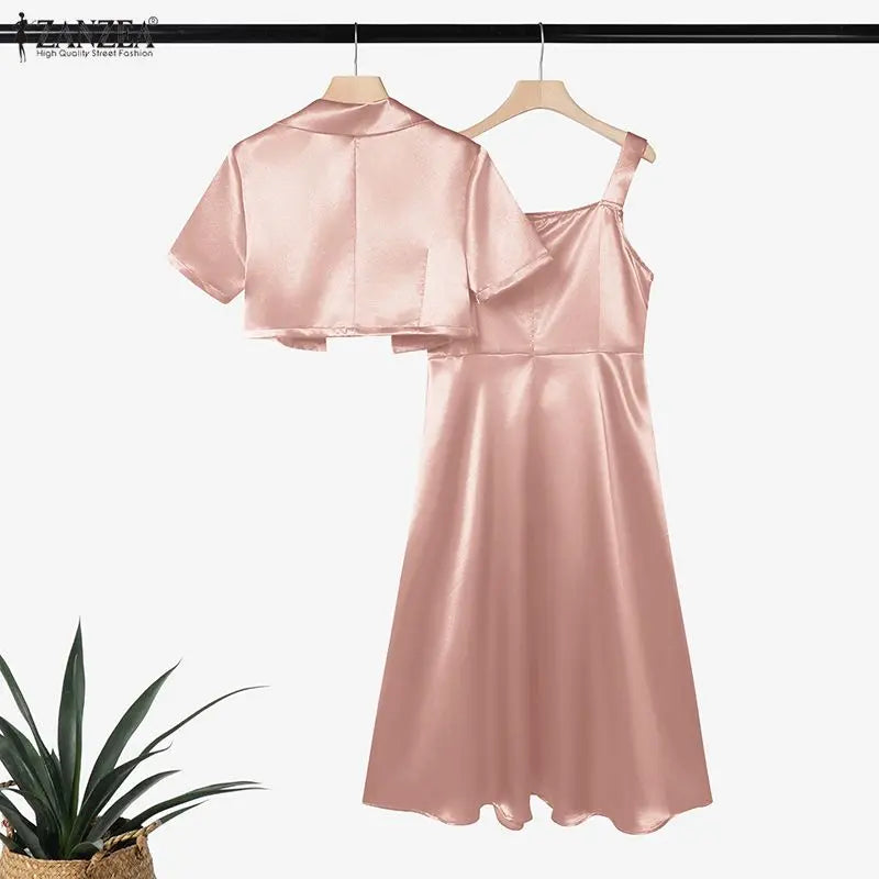 ZANZEA Women's Elegant Satin Dress Sets Sleeveless Pleated Maxi Dress & Short Sleeve Cropped Jackets 2 Piece Sets Fashion Outfit