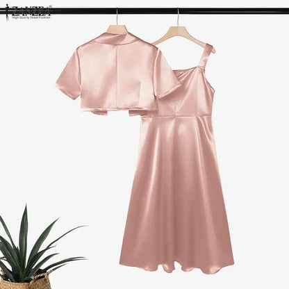 ZANZEA Women's Elegant Satin Dress Sets Sleeveless Pleated Maxi Dress & Short Sleeve Cropped Jackets 2 Piece Sets Fashion Outfit