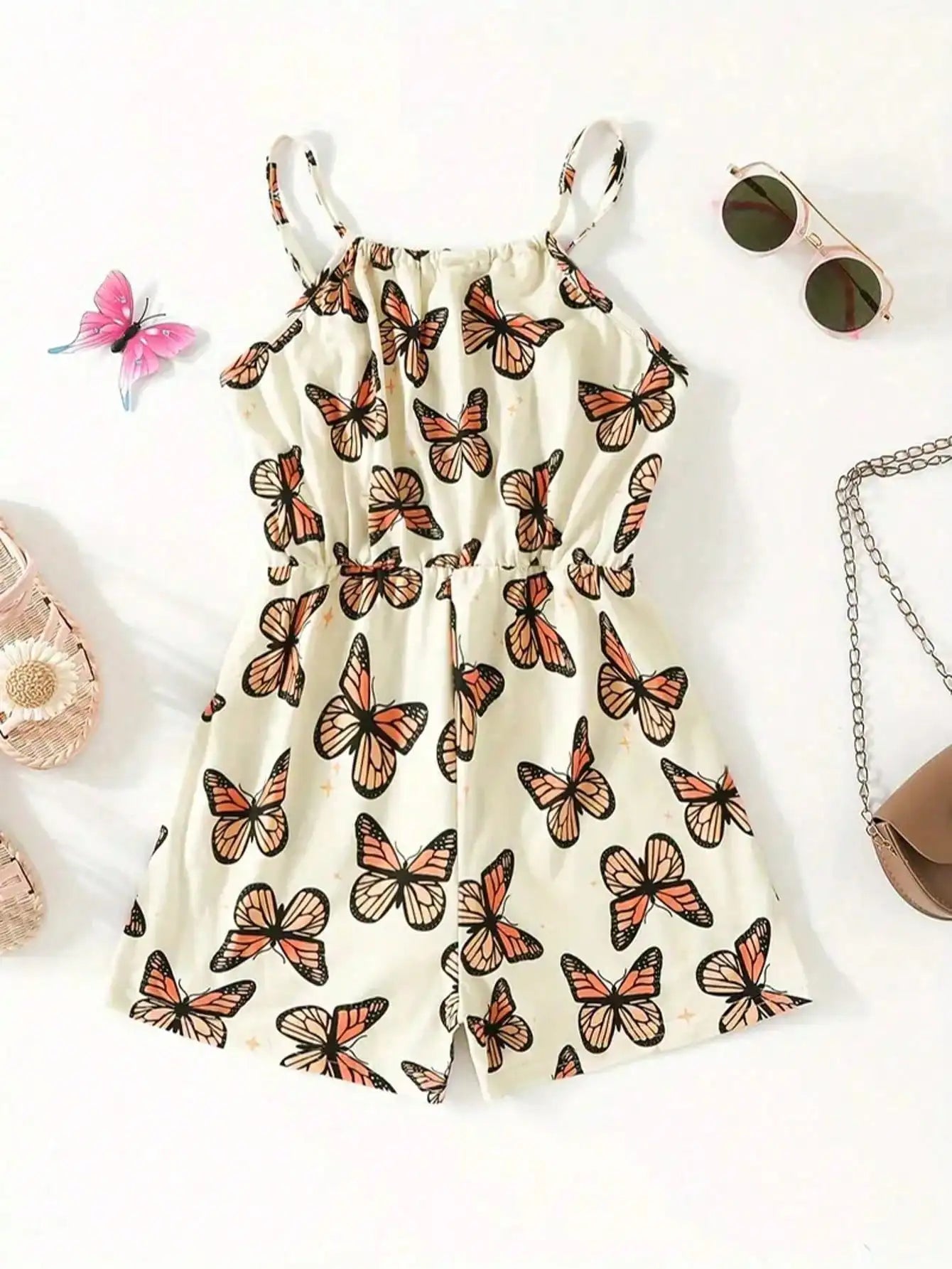 Girls Sleeveless Jumpsuit Summer Casual Breathable Stretchy Cute Butterfly Print Comfortable Fashionable Girls' Outfit