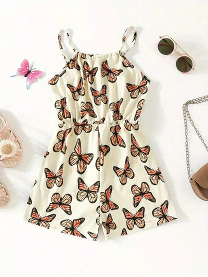 Girls Sleeveless Jumpsuit Summer Casual Breathable Stretchy Cute Butterfly Print Comfortable Fashionable Girls' Outfit