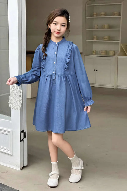 2026 Spring Autumn New 3 4 6 8 10 12 Years Embroidery Flower Long Short Sleeve Double Use Denim Blue Kids Girl Dress With Belt