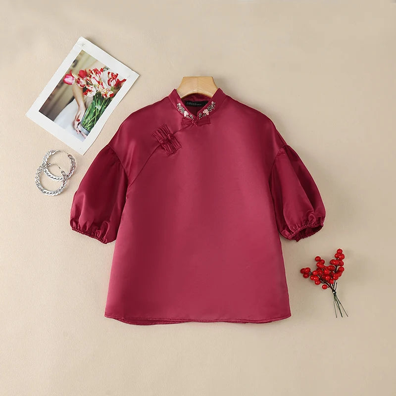 ZANZEA Woman Elegant Satin Blouses Chinese Style Embroidered Detail Mandarin Collar Lantern Sleeves Blusas de Mujer Vintage Tops