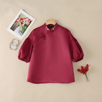 ZANZEA Woman Elegant Satin Blouses Chinese Style Embroidered Detail Mandarin Collar Lantern Sleeves Blusas de Mujer Vintage Tops