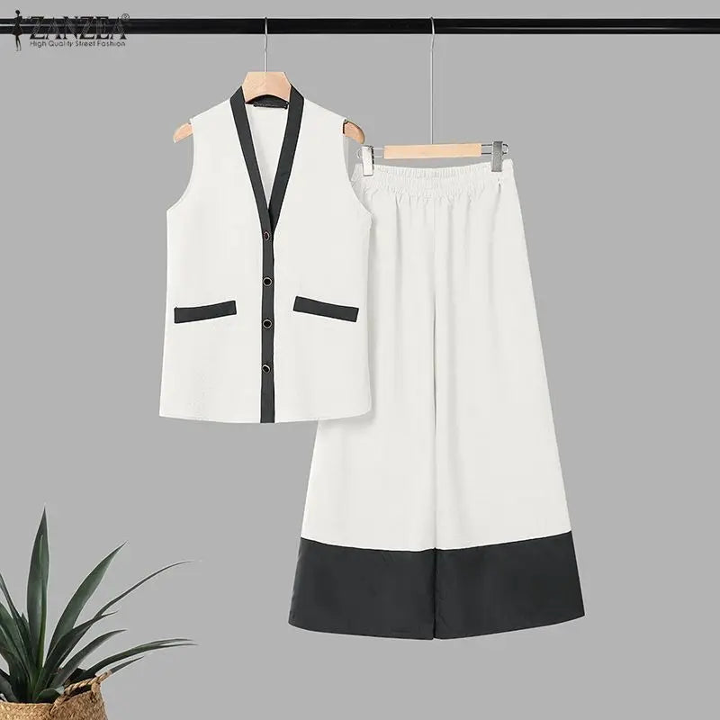ZANZEA Summer 2PCS Outfits Stylish V Neck Sleeveless Tanks Tops Pant Sets Women Patchwork 2 Pieces Sets OL Work Trousers Suit