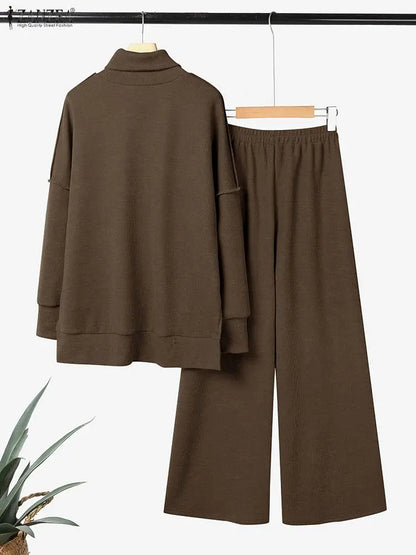 ZANZEA Women's Knitted 2 Pieces Pant Sets Casual Loose Turtleneck Long Sleeve Pullovers and Wide Leg Pant Suits Daily Outfits