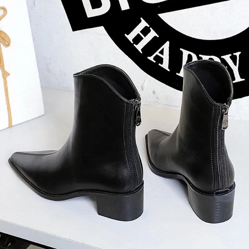 BIGTREE Street Style Designer Vintage Pointed Toe Zipper Women Ankle Boots Autumn Winter Fashion Square Heel Shoes Botas Mujer