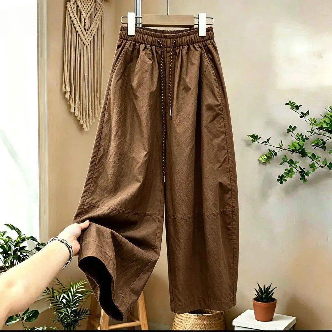 Loose Casual Pants Women Summer Large Size Comfortable Small Nine Points Balloon Pants High Waist Straight Leg Pure Color