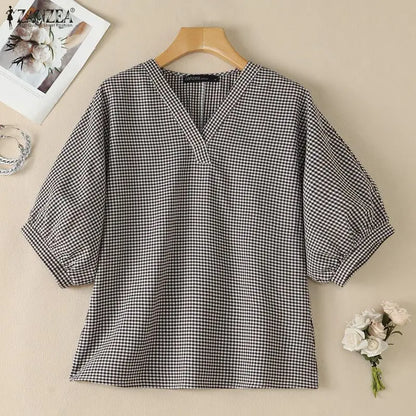ZANZEA Woman Casual Gingham Check Blouses V-Neck Lantern 3/4 Sleeves Loose Tunic Top 2026 Summer Daily Wear Blusas Mujer S-3XL