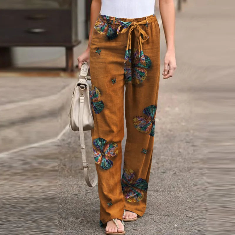 Casual Flower Print Cotton Linen Straight Leg Pants Women Fashion Lace Up Elastic Waist Home Trousers Female Plus Size Pants