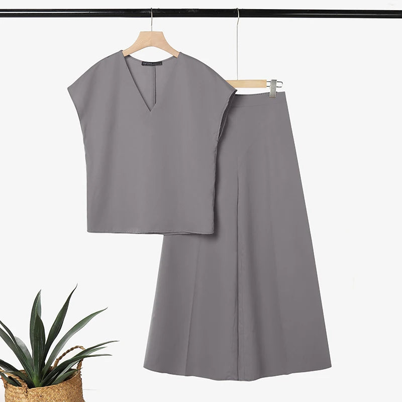 ZANZEA 2PCS Elegant V Neck Short Sleeve Blouse Pant Sets Summer Women Matching Sets Solid Color OL Outfit Wide Leg Trousers Suit