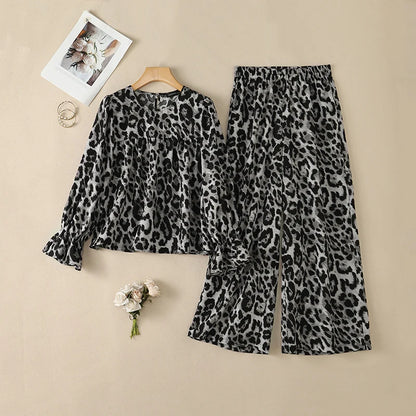 ZANZEA Women Muslim Sets Autumn Leopard Print Two Piece Outfit Ruffle Long Lantern Sleeve Blouse Elastic Waist Wide Leg Pants