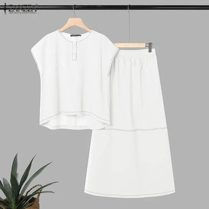 ZANZEA Summer 2 Piece Sets Elegant Women Short Sleeve Blouse Dress Sets Stylish Solid OL Work Outfits Casual Holiday Skirt Suit