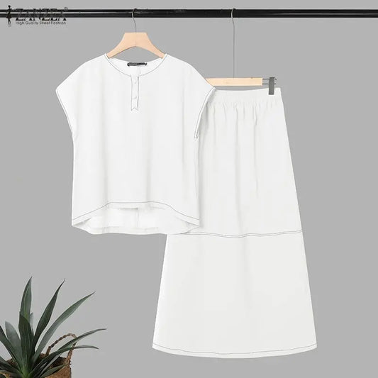 ZANZEA Summer 2 Piece Sets Elegant Women Short Sleeve Blouse Dress Sets Stylish Solid OL Work Outfits Casual Holiday Skirt Suit