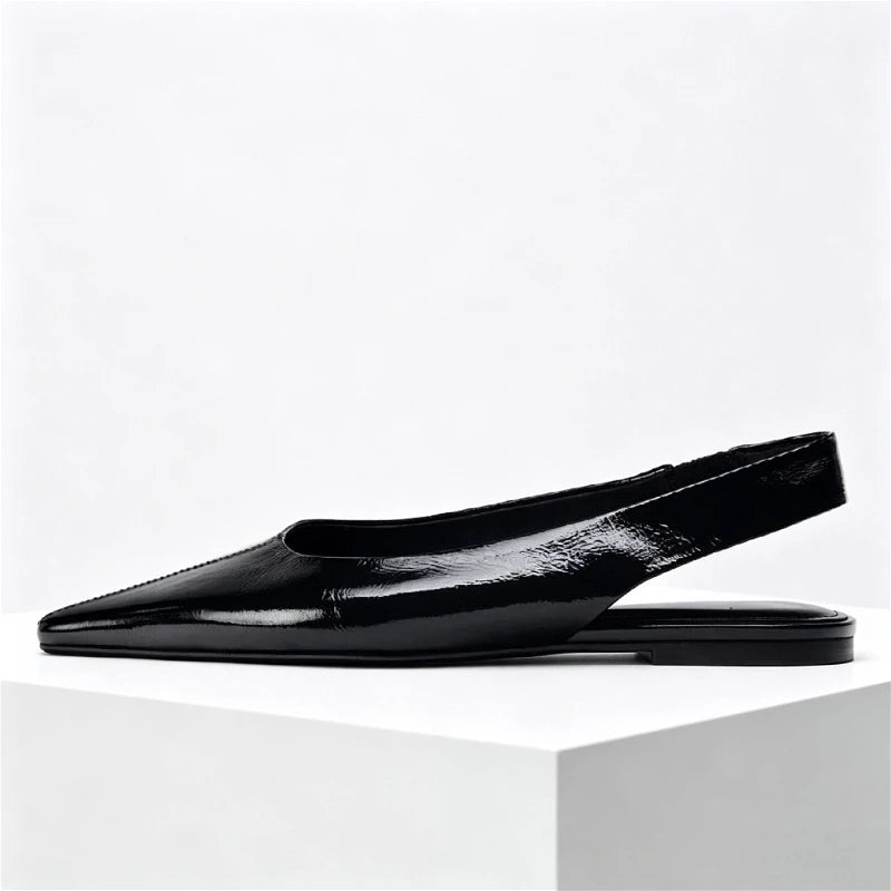Black Patent Leather Ballet Flats Women Sexy Pointy Toe Slingback Soft Leather Flat Sandals Comfortable Office Shoes for Women