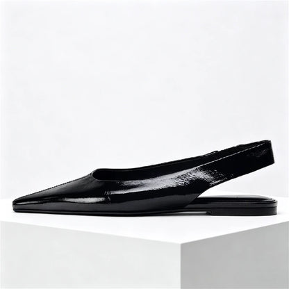 Black Patent Leather Ballet Flats Women Sexy Pointy Toe Slingback Soft Leather Flat Sandals Comfortable Office Shoes for Women