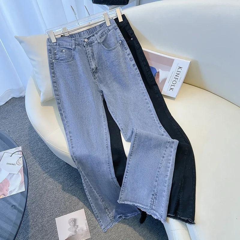 155Kg Plus Size Women's Pants Hip 150-160 High Waist Casual Loose Flare Jeans Black Blue 4XL 5XL 6XL 7XL 8XL 9XL