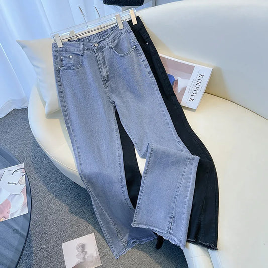 155Kg Plus Size Women's Pants Hip 150-160 High Waist Casual Loose Flare Jeans Black Blue 4XL 5XL 6XL 7XL 8XL 9XL