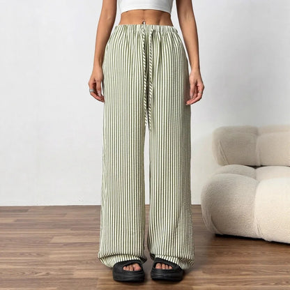 2025 Autumn New Cross border Women's Fashion Loose Striped Drawstring Elastic Waist and Floor Pants from Europe and America