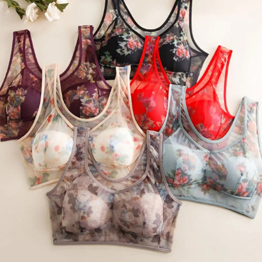 Mid-aged Women Bra Mesh Thin Plus Size Floral Print Wide Shoulder Strap Anti-snagging Push Up Seamless Mother Bra 90%