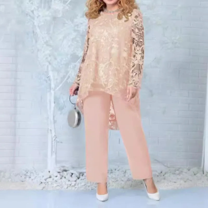 Women's Evening Dress Lace Embroidered Pants Two-piece Cocktail Dress Set Plus Size 2 Piece Set Women Summer