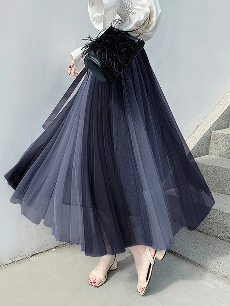 Hot Sale Summer Pleated Long Skirts A-line Elastic Waist Fairy Tiered Skirt Women 2 Layers Color Contrast Women's Skirts