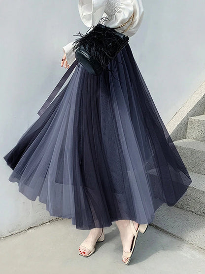 Hot Sale Summer Pleated Long Skirts A-line Elastic Waist Fairy Tiered Skirt Women 2 Layers Color Contrast Women's Skirts