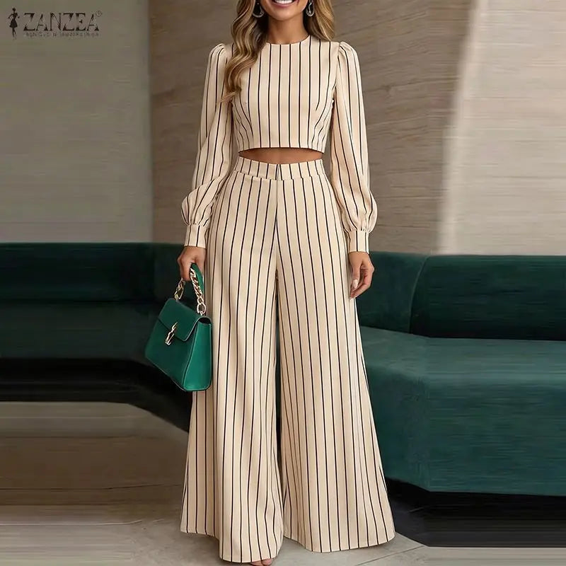 ZANZEA Autumn 2PCS Outfits Striped Work Pant Sets Stylish Women O Neck Long Sleeve Cropped Tops Wide Leg Trousers Matching Sets