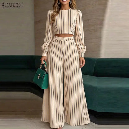 ZANZEA Autumn 2PCS Outfits Striped Work Pant Sets Stylish Women O Neck Long Sleeve Cropped Tops Wide Leg Trousers Matching Sets