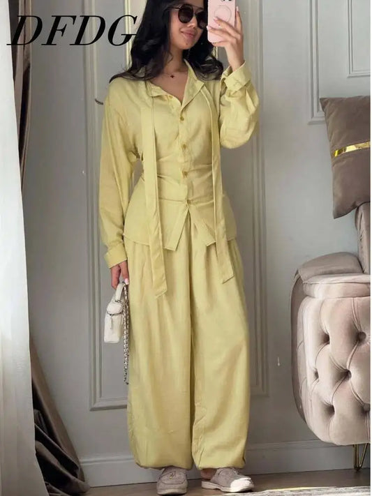 DFDG Women 2026 Spring Summer Two Piece Outfit Collared Neck Tie Waist Shirt High Waist Lantern Pants Casual Loungewear Set