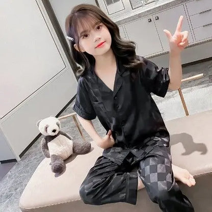 Girls Summer Ice Silk Pajamas Set Short Sleeve Princess Style Cooling Homewear for Kids