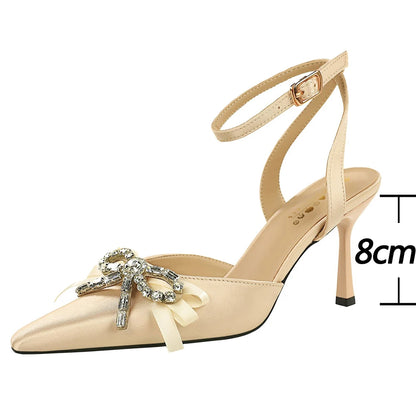 BIGTREE Shoes High-Heeled Sandals Women Shoes Summer Rhinestone Bowknot Women Pumps Silk Pointed Stiletto Heels 8 cm Sandals