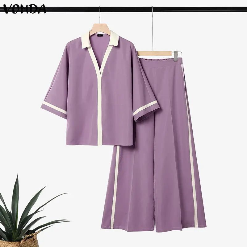 VONDA Summer Autumn Women Pants Sets Fashion Patchwork Plus Size Sets Female 3/4 Sleeve Tops Wide Leg Pant  L-5XL Streetwear