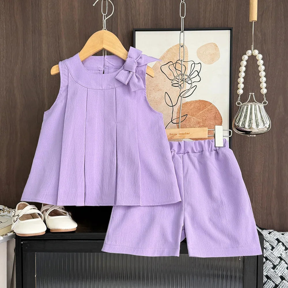Korean Version Summer New Girls' Casual Suit Solid Color Round Neck Bow Pleated Vest Top+shorts Two-piece Set for Daily Wear