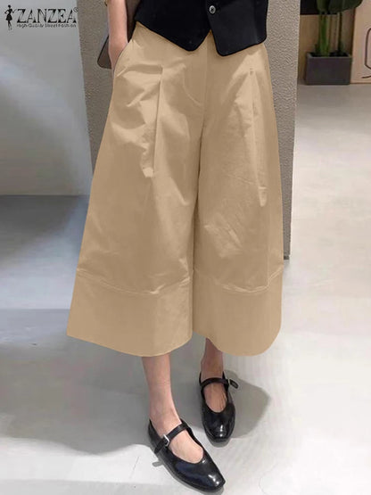 ZANZEA 2026 Women Casual Calf-Length Pants Elastic Back Waist Solid Color Wide-Leg Cropped Pant Autumn Loose Cozy Woman Bottoms