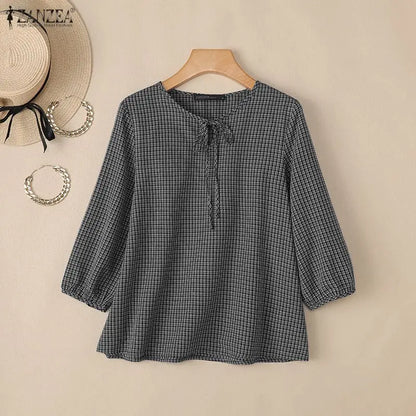 ZANZEA Woman Vintage Gingham Blouses Keyhole Tie-Neck 3/4 Lantern Sleeves Check Loose Tops Autumn Casual OL Work Blusas Mujer