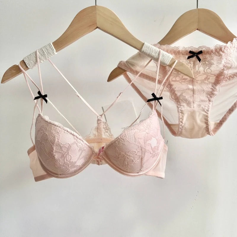Minimal Romantic Coquette Lace Front Clasp Bra Set Wirefree Ultra Thin Straps Beauty Back Small Bust Create Curvy Lookr MOYISU