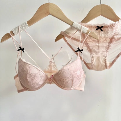 Minimal Romantic Coquette Lace Front Clasp Bra Set Wirefree Ultra Thin Straps Beauty Back Small Bust Create Curvy Lookr MOYISU
